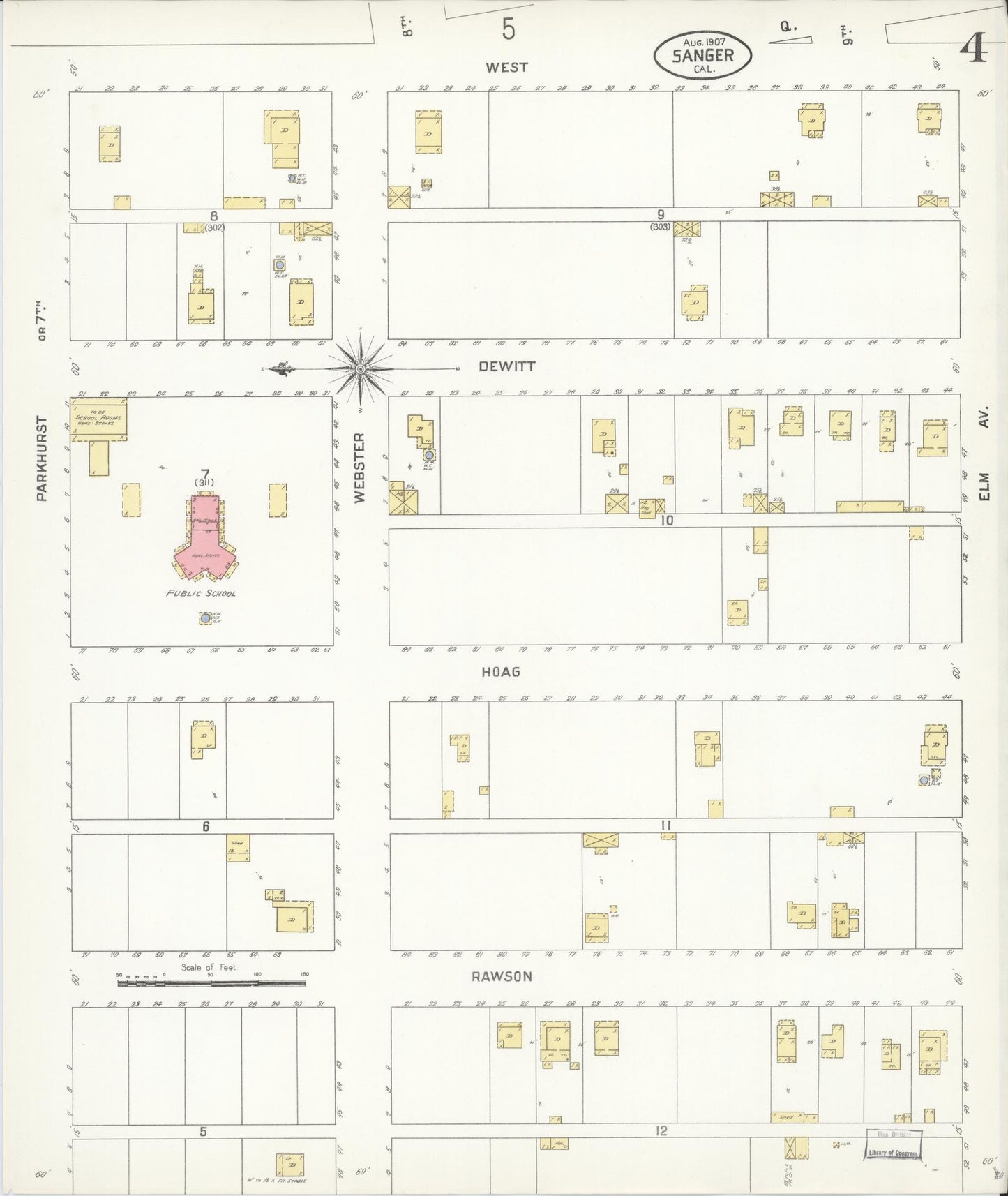 Sanborn Fire Insurance Map from Sanger, Fresno County, California (1907), Sheet #0004 - Complete Map Set gallery image, historic Sanborn map, vintage wall art, California California