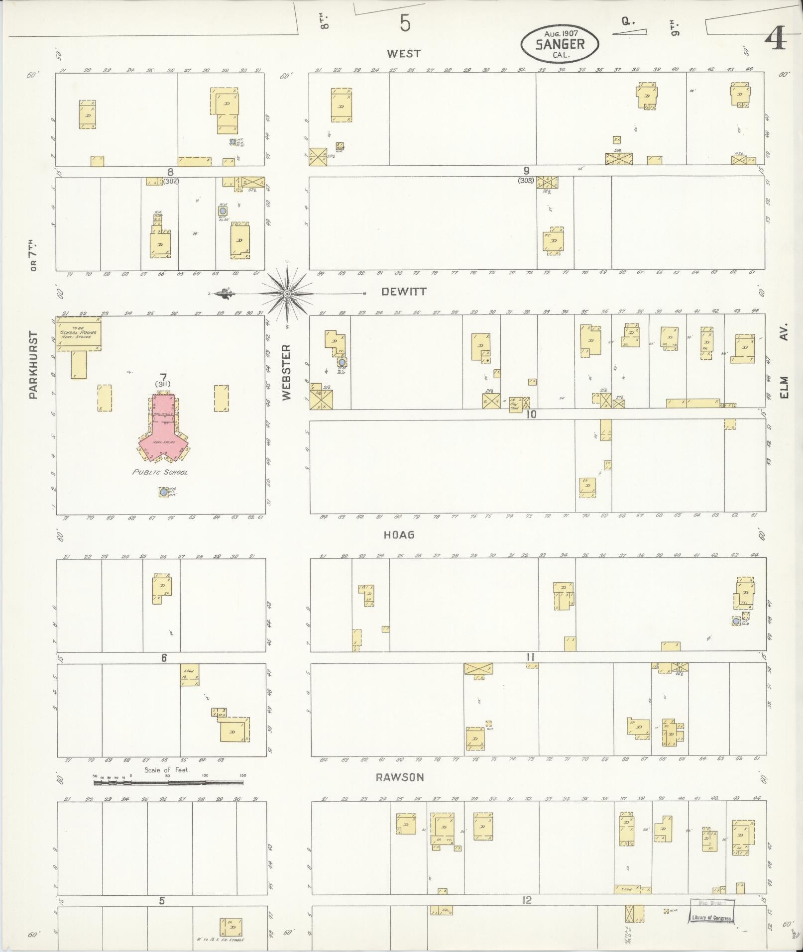 Sanborn Fire Insurance Map from Sanger, Fresno County, California (1907), Sheet #0004 - Complete Map Set gallery image, historic Sanborn map, vintage wall art, California California
