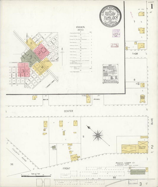 Sanborn Fire Insurance Map from Turlock, Stanislaus County, California (1907), Sheet #0001 - Complete Map Set gallery image, historic Sanborn map, vintage wall art, California California