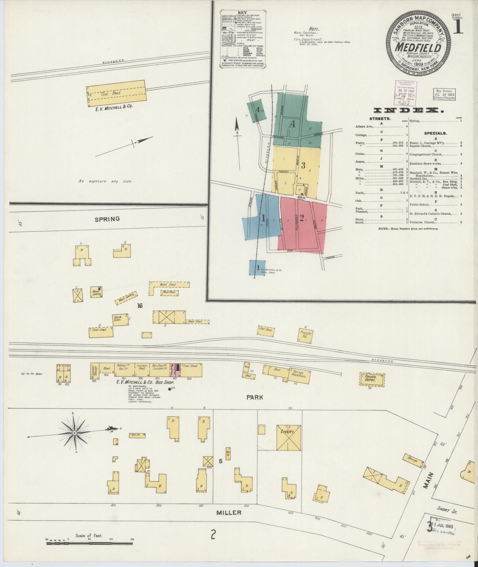 Sanborn Fire Insurance Map from Medfield, Norfolk County, Massachusetts (1903), Sheet #0001 - Complete Map Set gallery image, historic Sanborn map, vintage wall art, Massachusetts Massachusetts