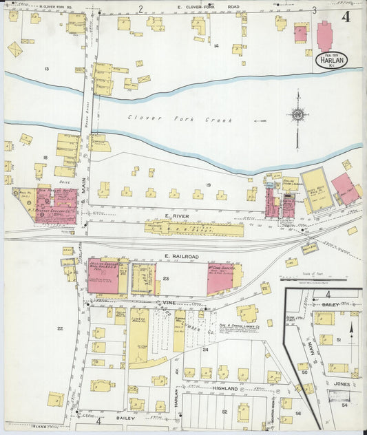 Sanborn Fire Insurance Map from Harlan, Harlan County, Kentucky (1919), Sheet #0004 - Historic Sanborn Fire Insurance Map Print, vintage old map wall art, antique decor, genealogy gift, Kentucky Kentucky map