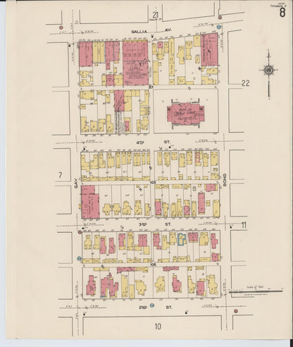Sanborn Fire Insurance Map from Portsmouth, Scioto County, Ohio (1921), Sheet #0008 - Historic Sanborn Fire Insurance Map Print, vintage old map wall art, antique decor, genealogy gift, Ohio Ohio map