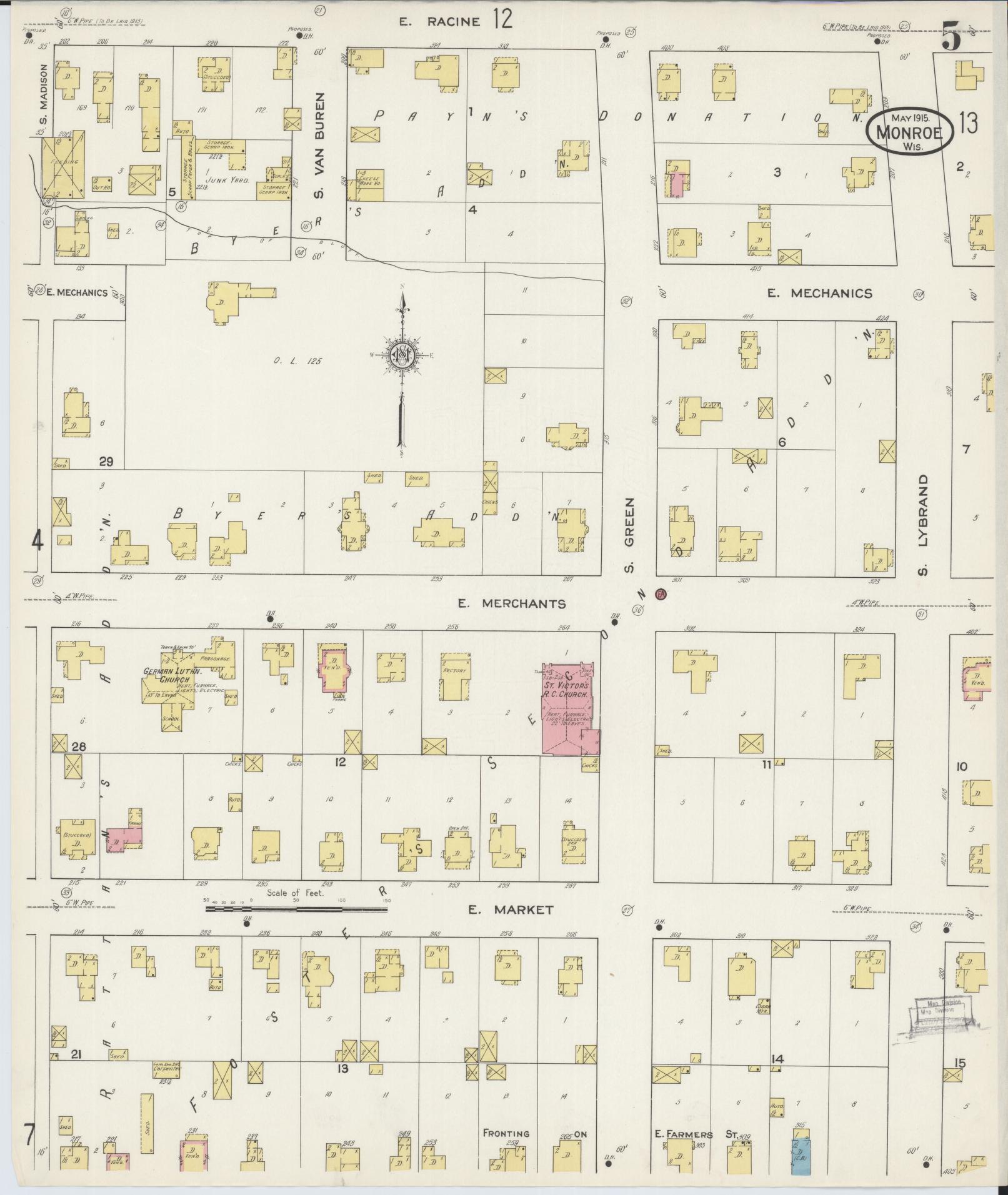 Sanborn Fire Insurance Map from Monroe, Green County, Wisconsin (1915), Sheet #0005 - Complete Map Set gallery image, historic Sanborn map, vintage wall art, Wisconsin Wisconsin