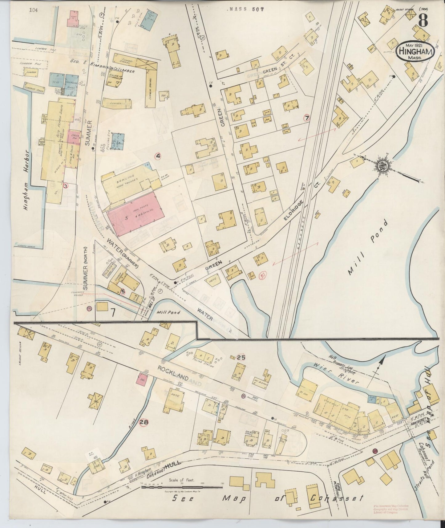 Sanborn Fire Insurance Map from Hingham, Plymouth County, Massachusetts (1948), Sheet #0008 - Historic Sanborn Fire Insurance Map Print, vintage old map wall art, antique decor, genealogy gift, Massachusetts Massachusetts map