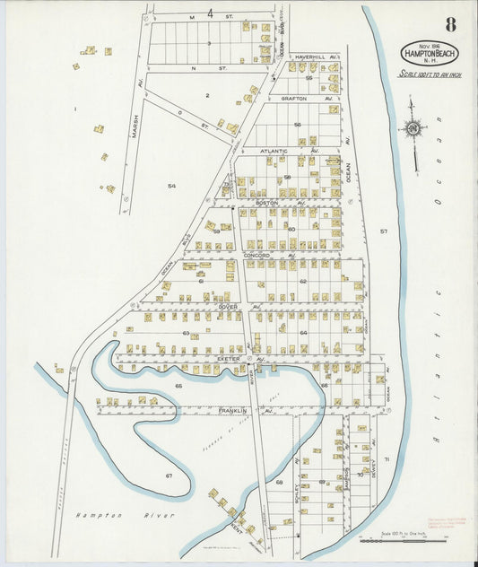 Sanborn Fire Insurance Map from Hampton Beach, Rockingham County, New Hampshire (1916), Sheet #0008 - Historic Sanborn Fire Insurance Map Print, vintage old map wall art, antique decor, genealogy gift, New Hampshire New Hampshire map