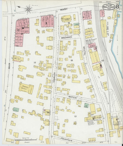Sanborn Fire Insurance Map from Waltham, Middlesex County, Massachusetts (1892), Sheet #0008 - Complete Map Set gallery image, historic Sanborn map, vintage wall art, Massachusetts Massachusetts