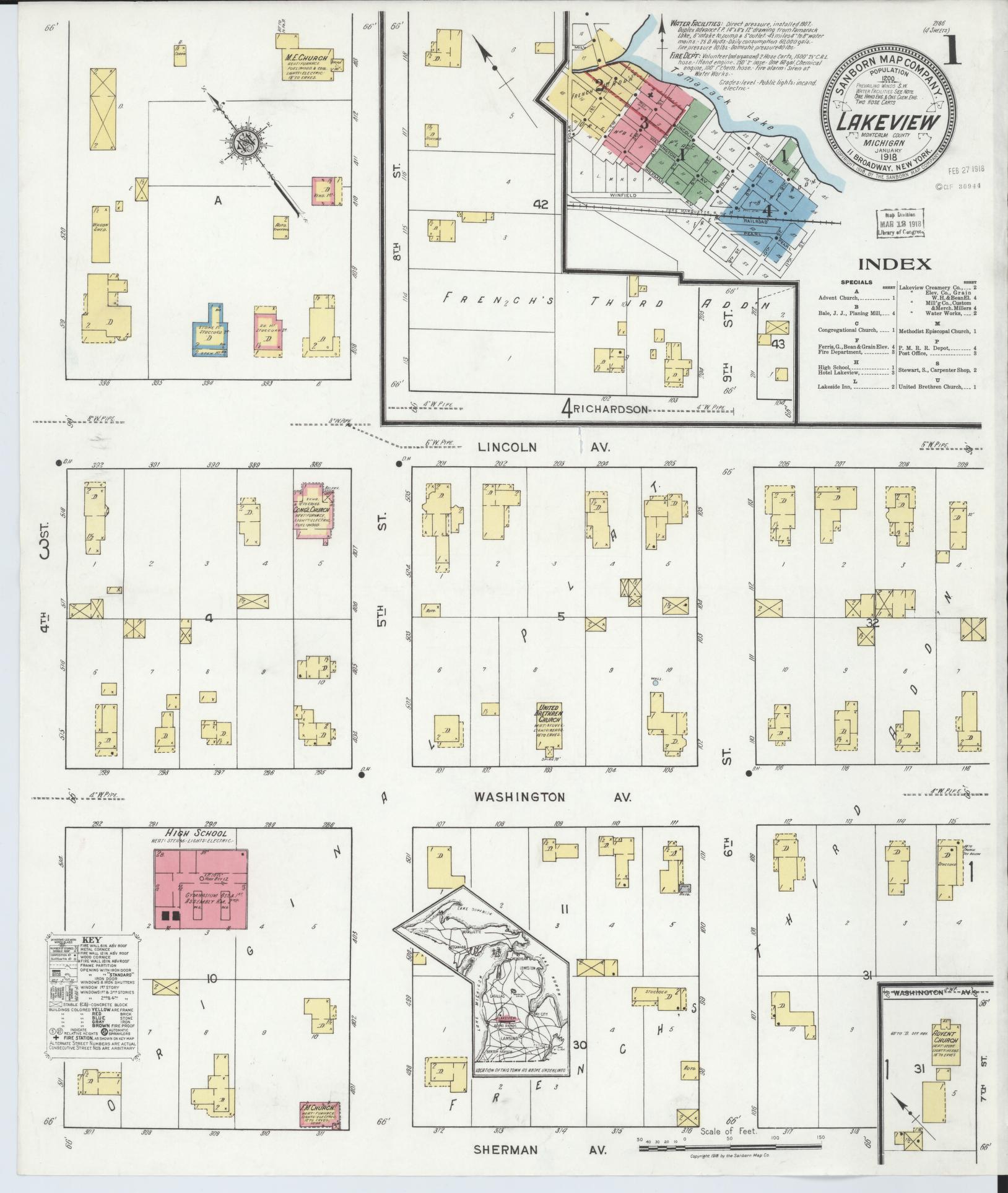Sanborn Fire Insurance Map from Lakeview, Montcalm County, Michigan (1918), Sheet #0001 - Complete Map Set gallery image, historic Sanborn map, vintage wall art, Michigan Michigan