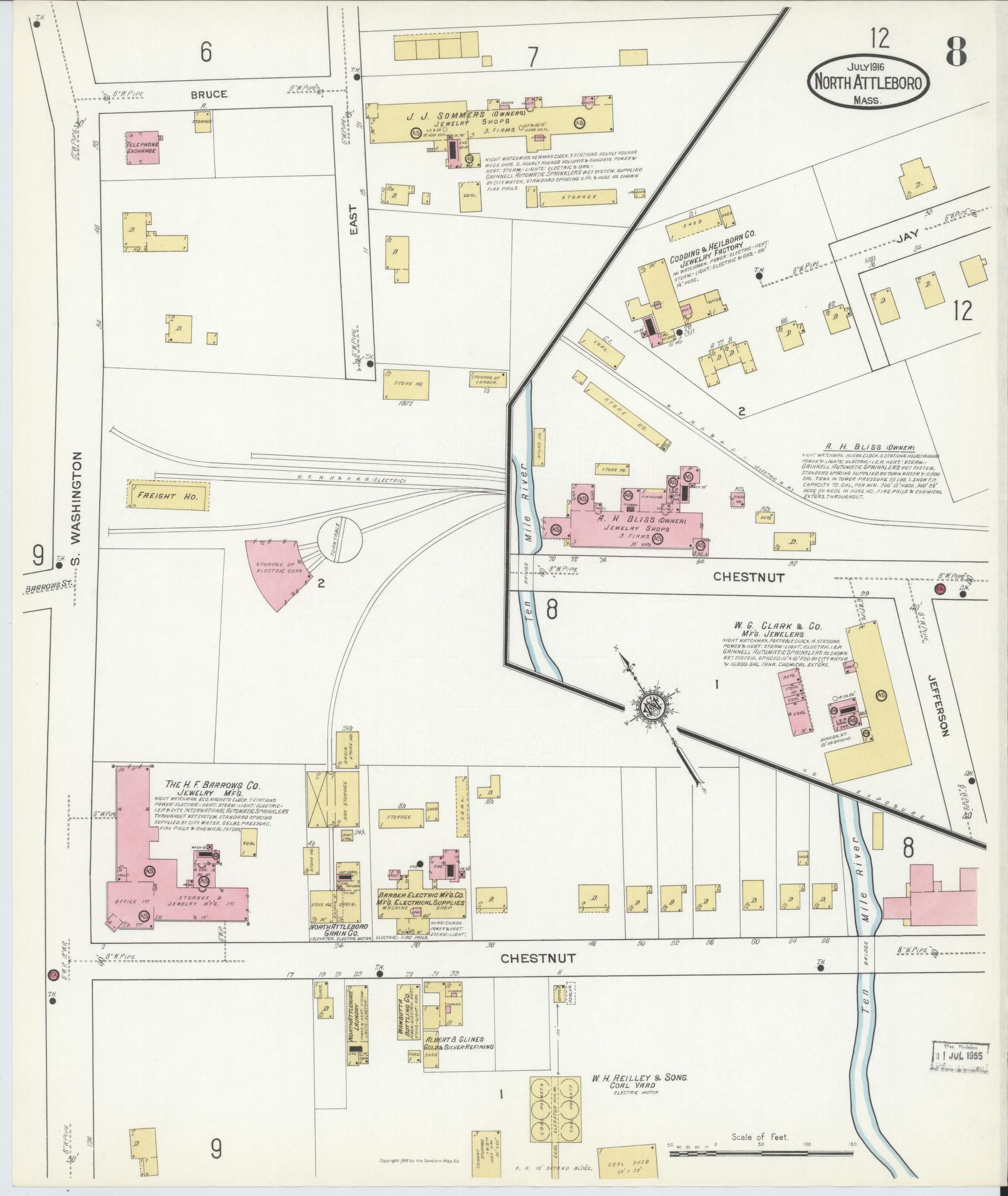 Sanborn Fire Insurance Map from North Attleborough, Bristol County, Massachusetts (1916), Sheet #0008 - Historic Sanborn Fire Insurance Map Print, vintage old map wall art, antique decor, genealogy gift, Massachusetts Massachusetts map
