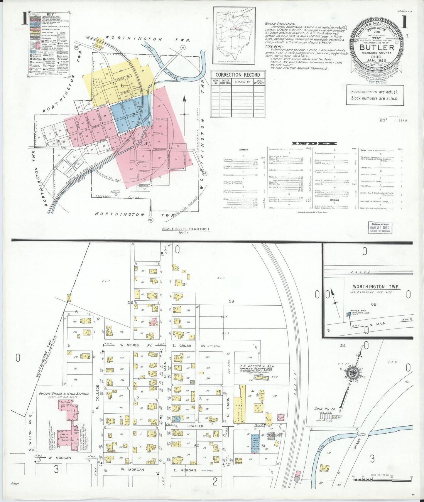 Sanborn Fire Insurance Map from Butler, Richland County, Ohio (1950), Sheet #0001 - Historic Sanborn Fire Insurance Map Print, vintage old map wall art, antique decor, genealogy gift, Ohio Ohio map