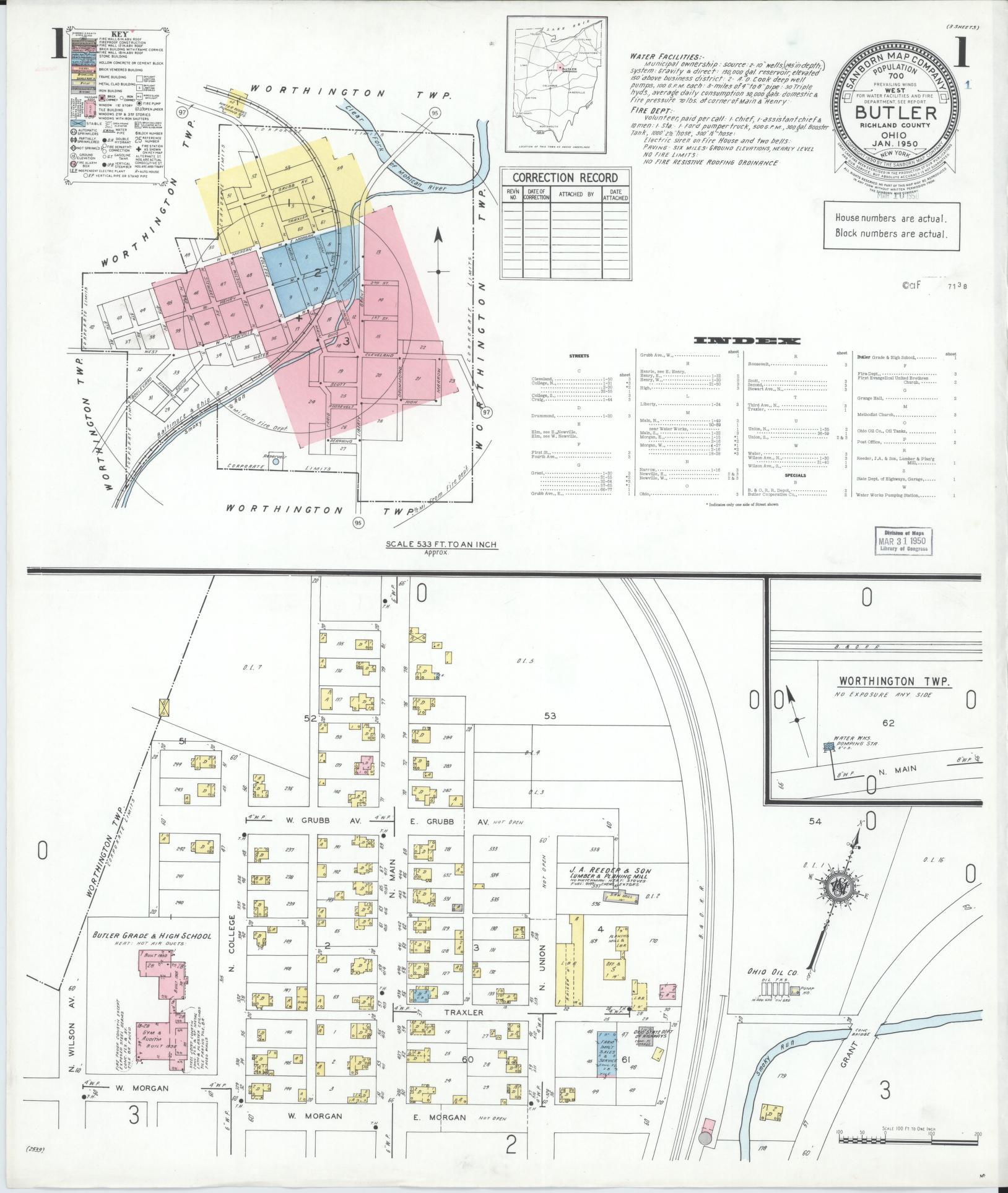 Sanborn Fire Insurance Map from Butler, Richland County, Ohio (1950), Sheet #0001 - Historic Sanborn Fire Insurance Map Print, vintage old map wall art, antique decor, genealogy gift, Ohio Ohio map
