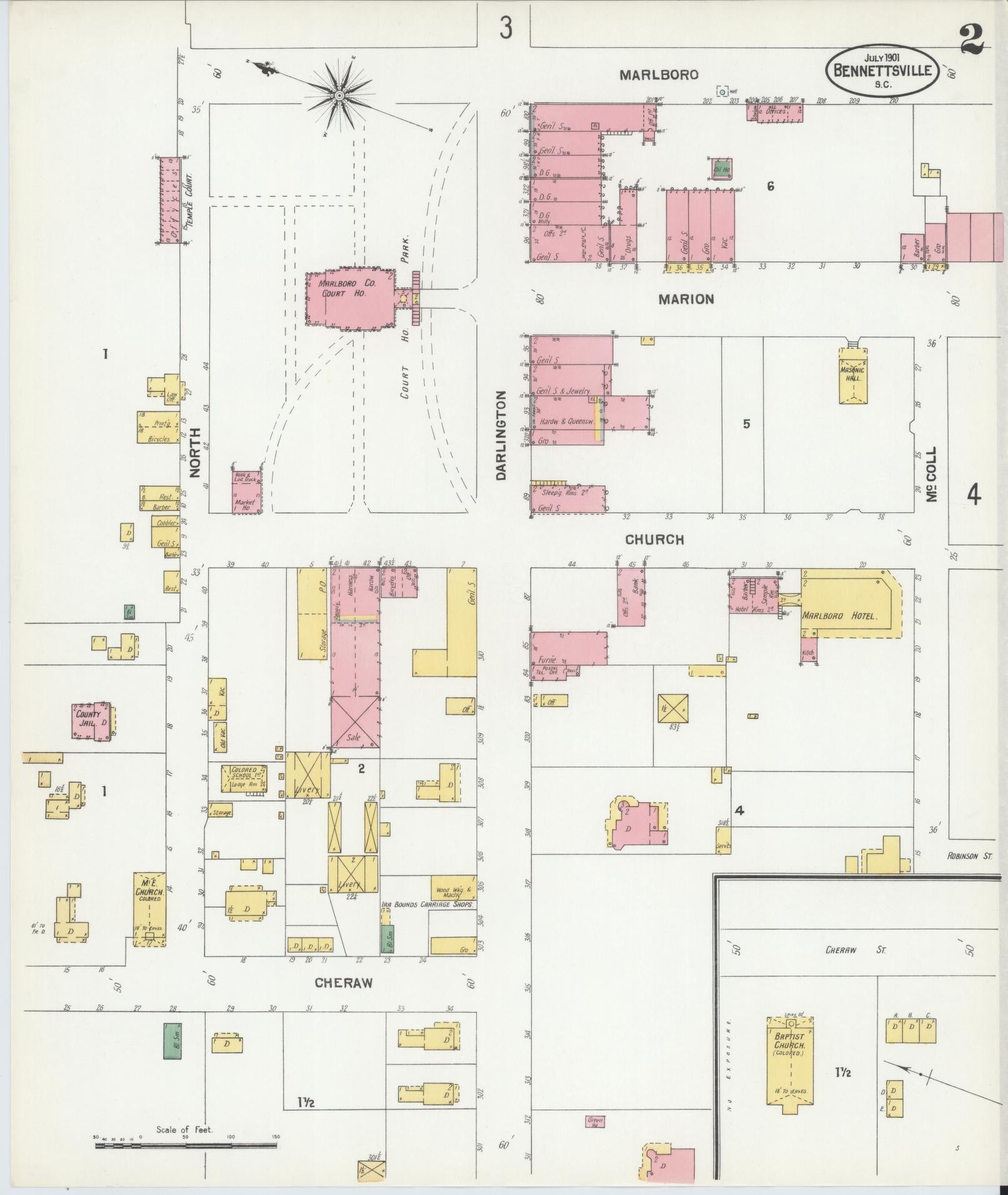 Sanborn Fire Insurance Map from Bennettsville, Marlboro County, South Carolina (1901), Sheet #0002 - Historic Sanborn Fire Insurance Map Print, vintage old map wall art, antique decor, genealogy gift, South Carolina South Carolina map