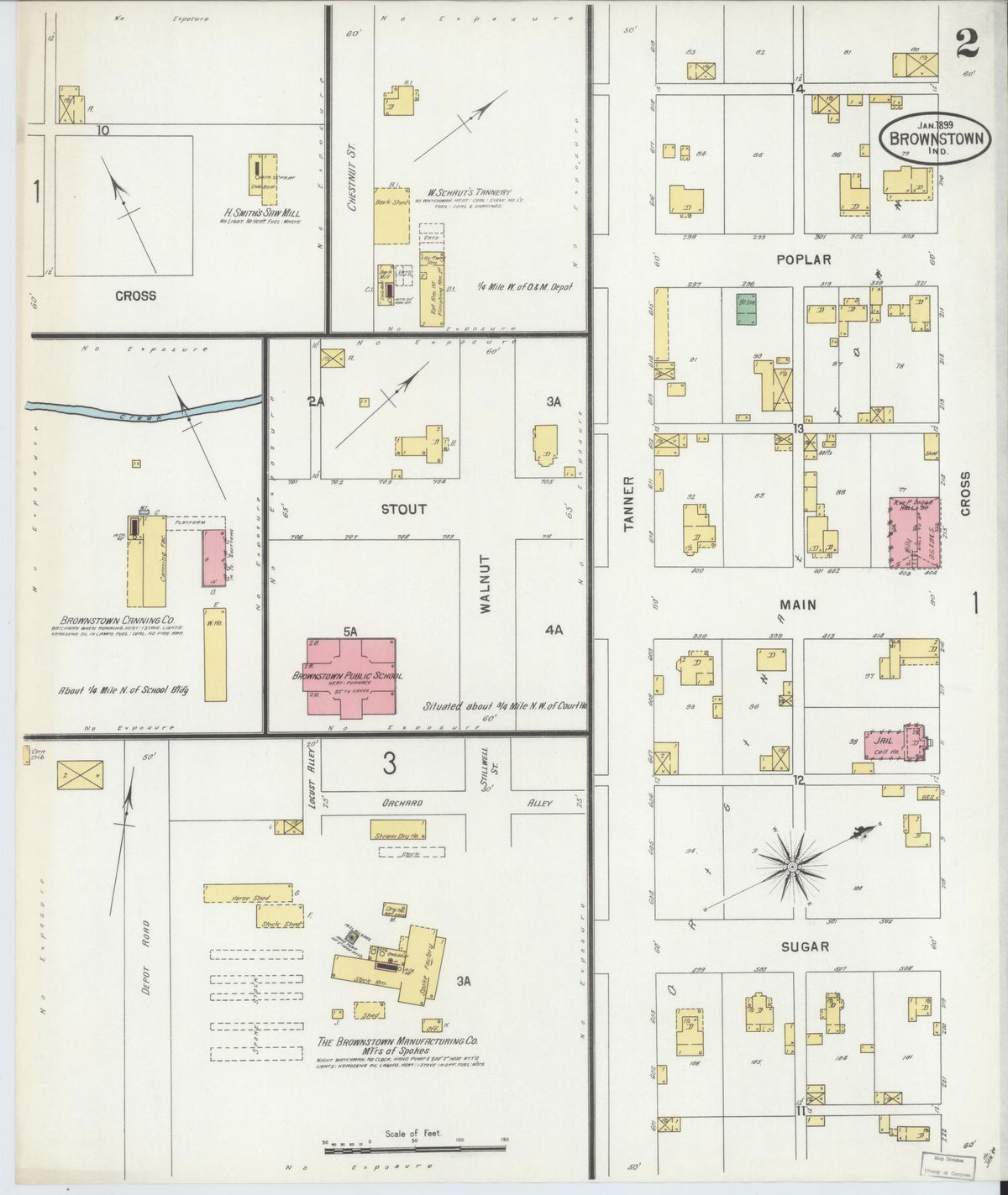 Sanborn Fire Insurance Map from Brownstown, Jackson County, Indiana (1899), Sheet #0002 - Historic Sanborn Fire Insurance Map Print, vintage old map wall art, antique decor, genealogy gift, Indiana Indiana map