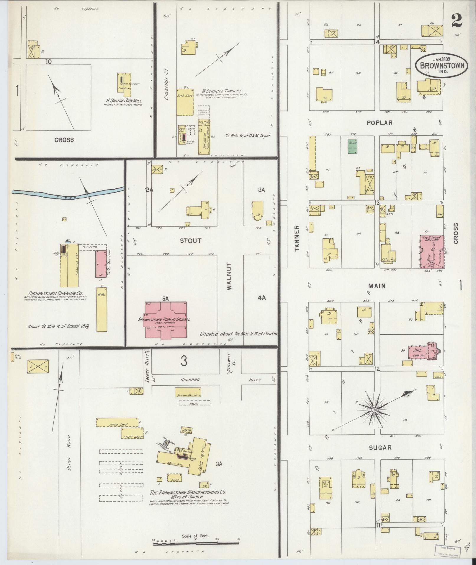 Sanborn Fire Insurance Map from Brownstown, Jackson County, Indiana (1899), Sheet #0002 - Historic Sanborn Fire Insurance Map Print, vintage old map wall art, antique decor, genealogy gift, Indiana Indiana map