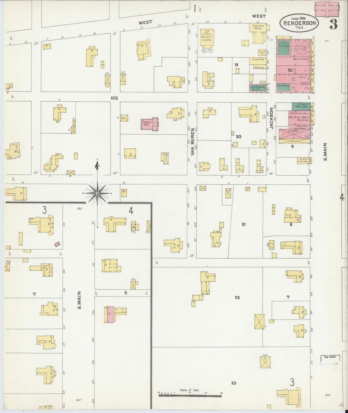 Sanborn Fire Insurance Map from Henderson, Rusk County, Texas (1906), Sheet #0003 - Historic Sanborn Fire Insurance Map Print, vintage old map wall art, antique decor, genealogy gift, Texas Texas map