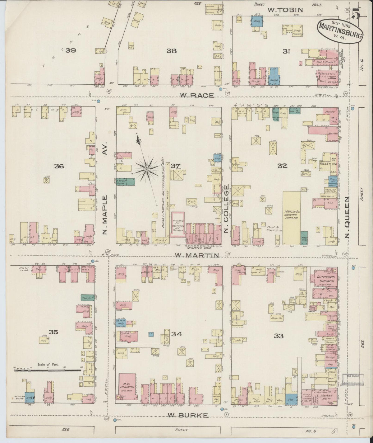 Sanborn Fire Insurance Map from Martinsburg, Berkeley County, West Virginia (1885), Sheet #0005 - Complete Map Set gallery image, historic Sanborn map, vintage wall art, West Virginia West Virginia