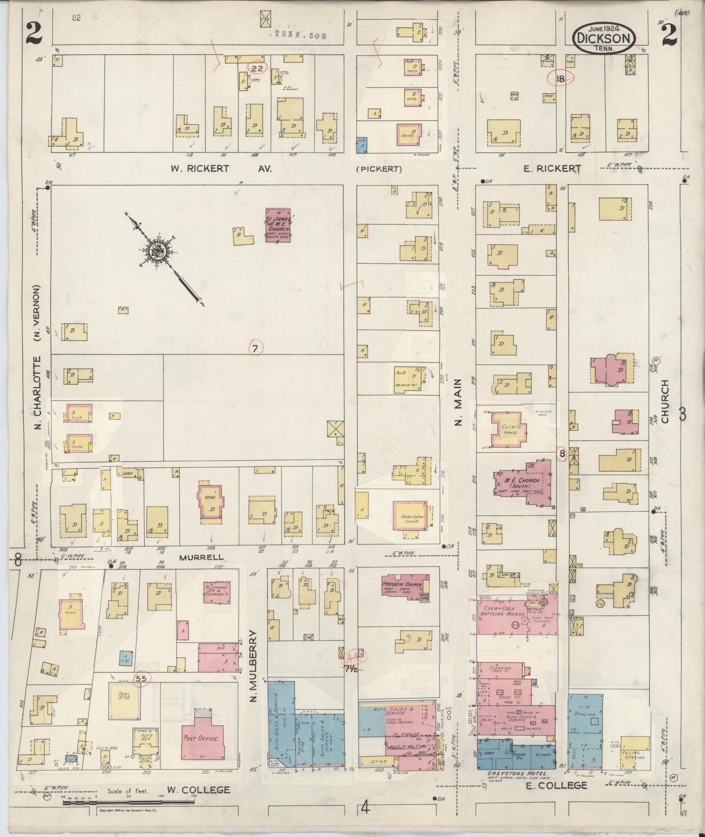 Sanborn Fire Insurance Map from Dickson, Dickson County, Tennessee (1941), Sheet #0002 - Complete Map Set gallery image, historic Sanborn map, vintage wall art, Tennessee Tennessee