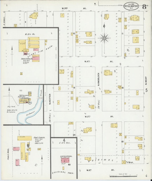 Sanborn Fire Insurance Map from Stillwater, Payne County, Oklahoma (1901), Sheet #0008 - Historic Sanborn Fire Insurance Map Print, vintage old map wall art, antique decor, genealogy gift, Oklahoma Oklahoma map