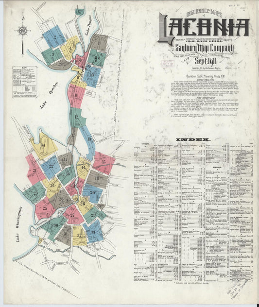 Sanborn Fire Insurance Map from Laconia, Belknap County, New Hampshire (1911), Sheet #0001 - Historic Sanborn Fire Insurance Map Print, vintage old map wall art, antique decor, genealogy gift, New Hampshire New Hampshire map