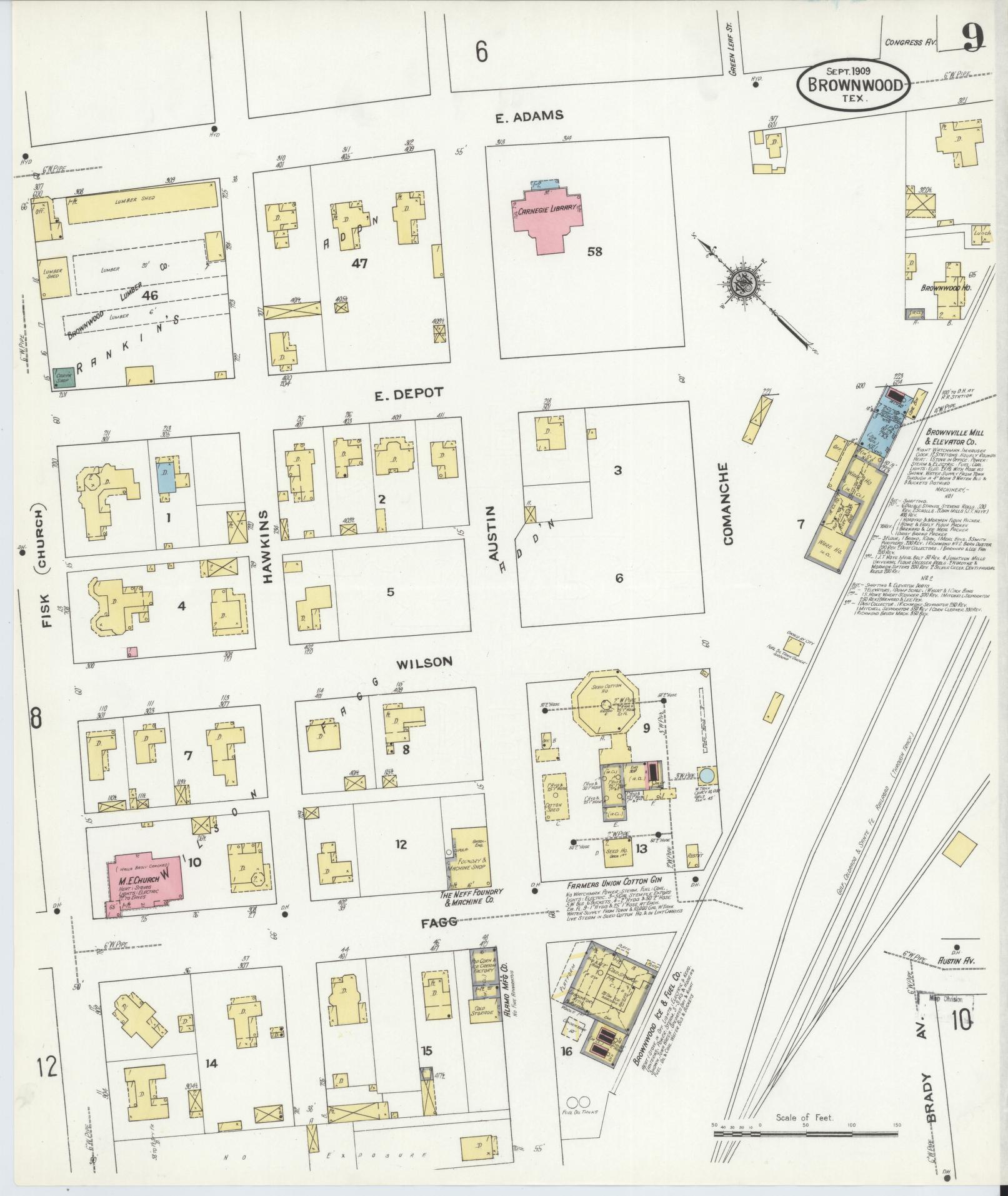 Sanborn Fire Insurance Map from Brownwood, Brown County, Texas (1909), Sheet #0009 - Historic Sanborn Fire Insurance Map Print, vintage old map wall art, antique decor, genealogy gift, Texas Texas map