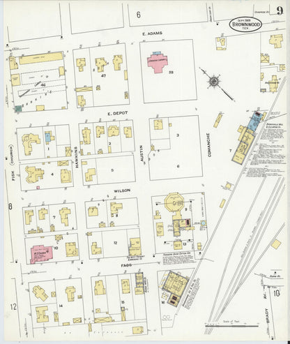 Sanborn Fire Insurance Map from Brownwood, Brown County, Texas (1909), Sheet #0009 - Historic Sanborn Fire Insurance Map Print, vintage old map wall art, antique decor, genealogy gift, Texas Texas map