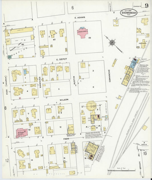 Sanborn Fire Insurance Map from Brownwood, Brown County, Texas (1909), Sheet #0009 - Historic Sanborn Fire Insurance Map Print, vintage old map wall art, antique decor, genealogy gift, Texas Texas map