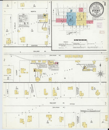 Sanborn Fire Insurance Map from Atkins, Pope County, Arkansas (1908), Sheet #0001 - Complete Map Set gallery image, historic Sanborn map, vintage wall art, Arkansas Arkansas