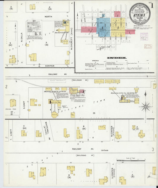 Sanborn Fire Insurance Map from Atkins, Pope County, Arkansas (1908), Sheet #0001 - Complete Map Set gallery image, historic Sanborn map, vintage wall art, Arkansas Arkansas