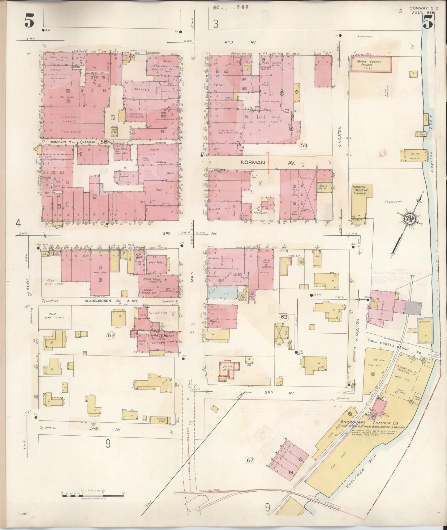 Sanborn Fire Insurance Map from Conway, Horry County, South Carolina (1949), Sheet #0005 - Historic Sanborn Fire Insurance Map Print, vintage old map wall art, antique decor, genealogy gift, South Carolina South Carolina map