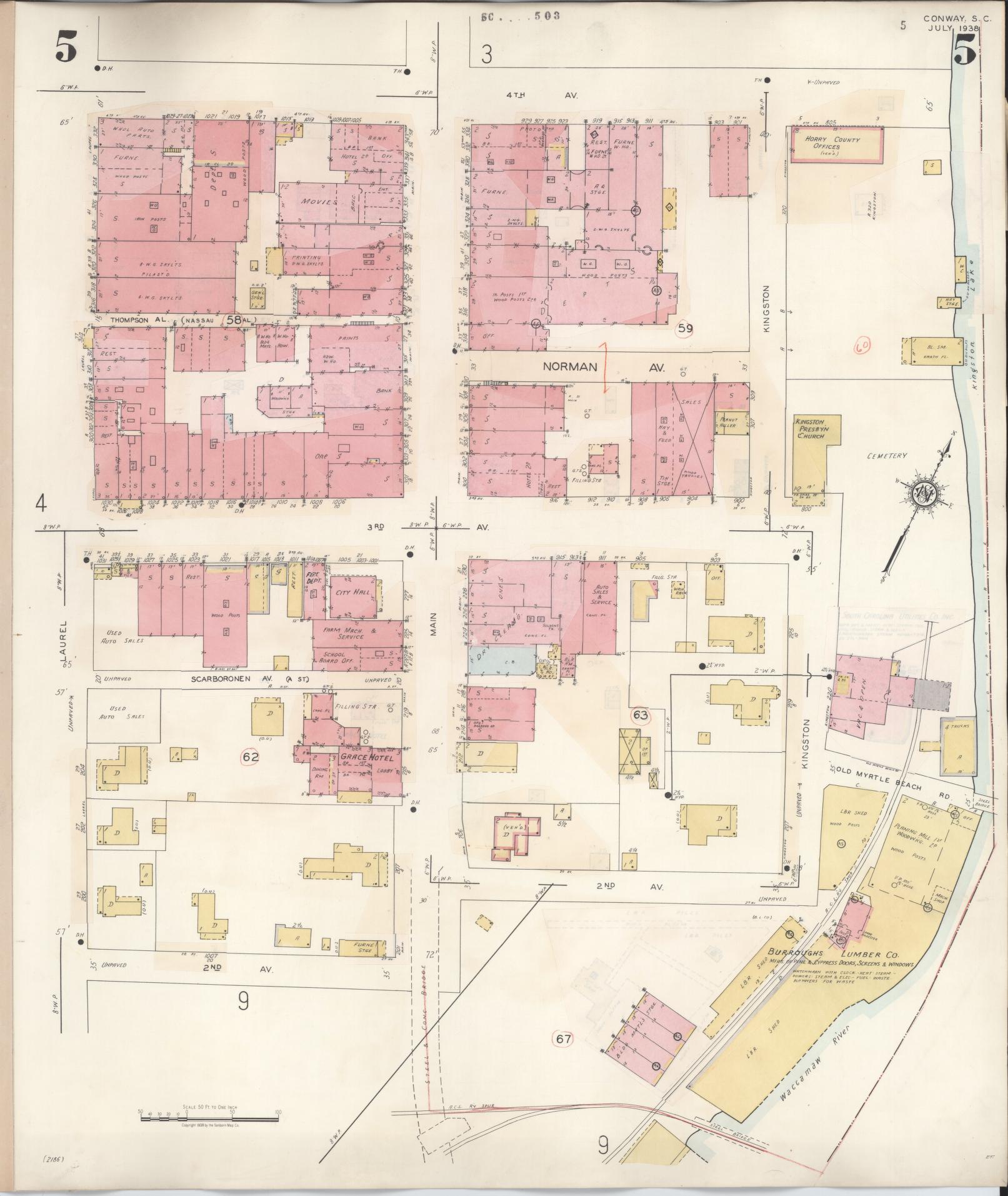 Sanborn Fire Insurance Map from Conway, Horry County, South Carolina (1949), Sheet #0005 - Historic Sanborn Fire Insurance Map Print, vintage old map wall art, antique decor, genealogy gift, South Carolina South Carolina map