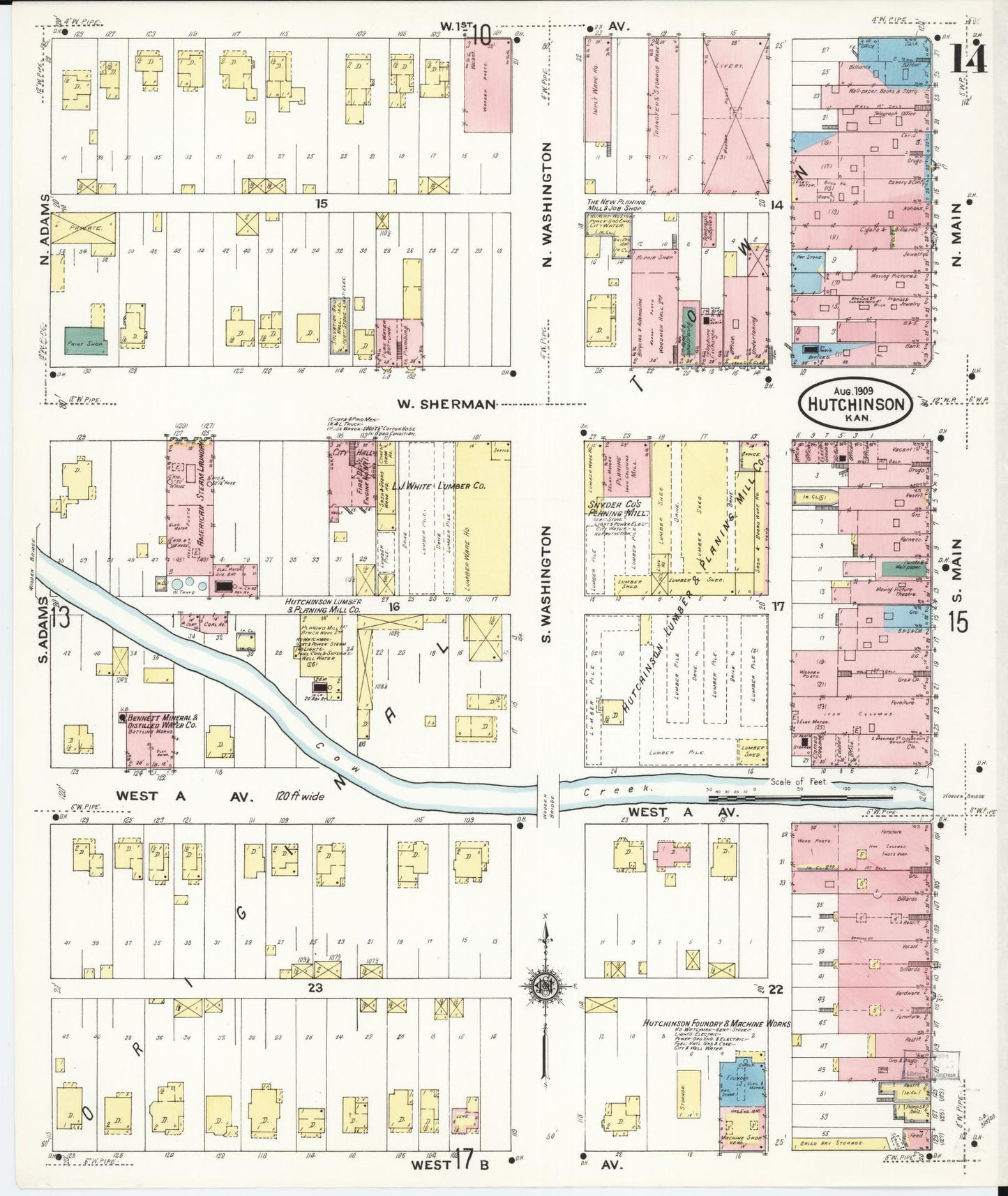 Sanborn Fire Insurance Map from Hutchinson, Reno County, Kansas (1909), Sheet #0014 - Complete Map Set gallery image, historic Sanborn map, vintage wall art, Kansas Kansas