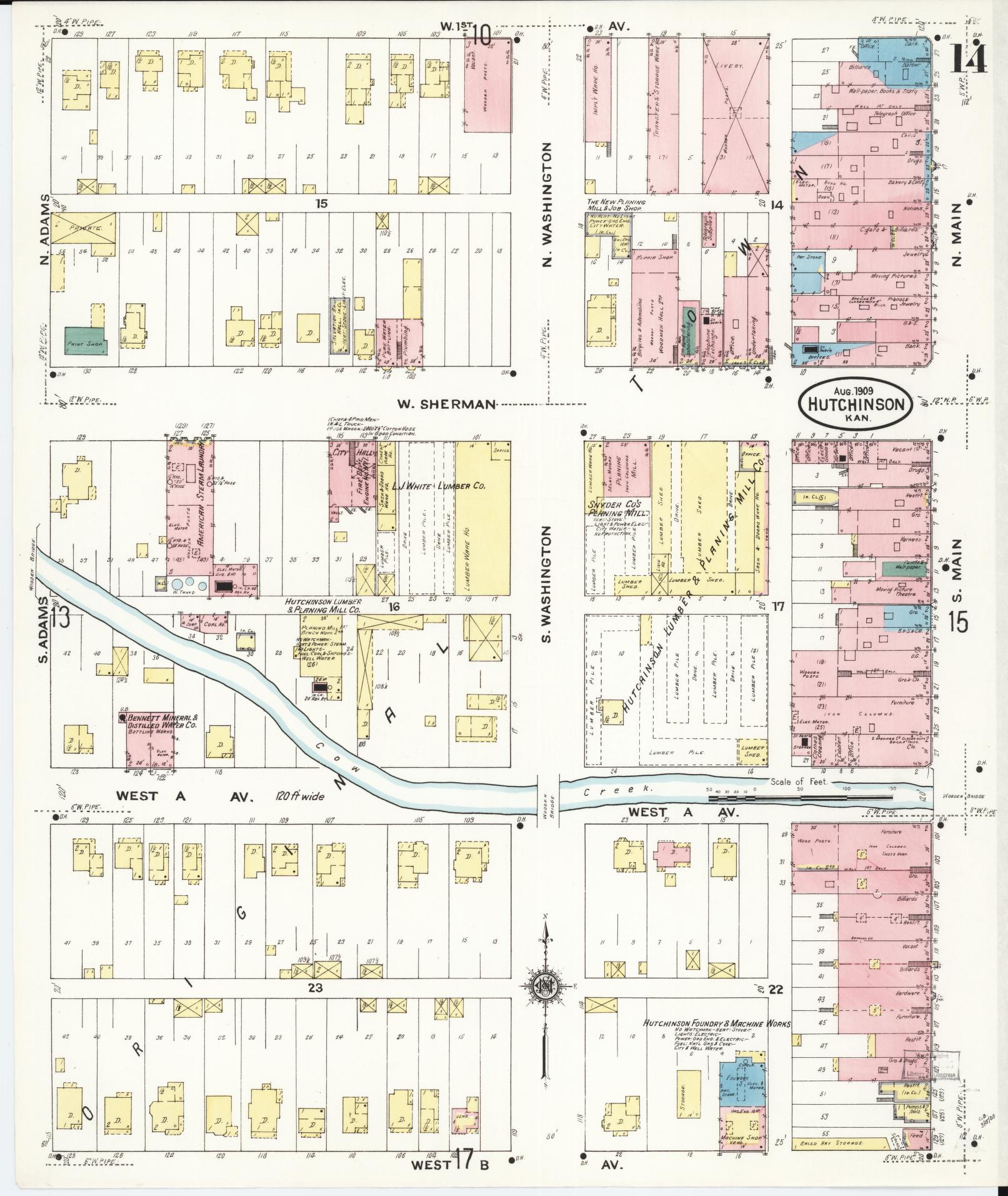 Sanborn Fire Insurance Map from Hutchinson, Reno County, Kansas (1909), Sheet #0014 - Complete Map Set gallery image, historic Sanborn map, vintage wall art, Kansas Kansas