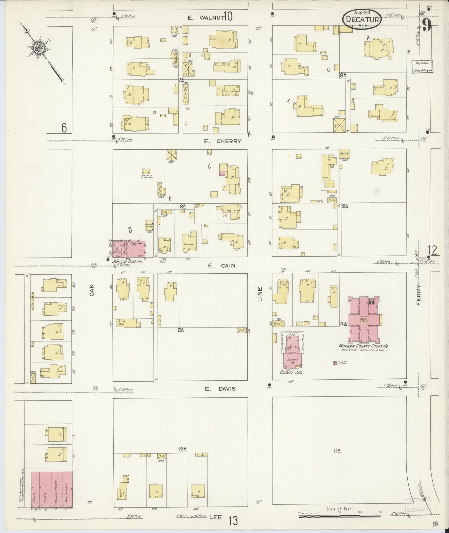 Sanborn Fire Insurance Map from Decatur, Morgan County, Alabama (1913), Sheet #0009 - Historic Sanborn Fire Insurance Map Print, vintage old map wall art, antique decor, genealogy gift, Alabama Alabama map
