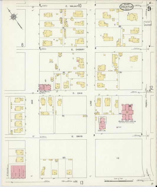 Sanborn Fire Insurance Map from Decatur, Morgan County, Alabama (1913), Sheet #0009 - Historic Sanborn Fire Insurance Map Print, vintage old map wall art, antique decor, genealogy gift, Alabama Alabama map