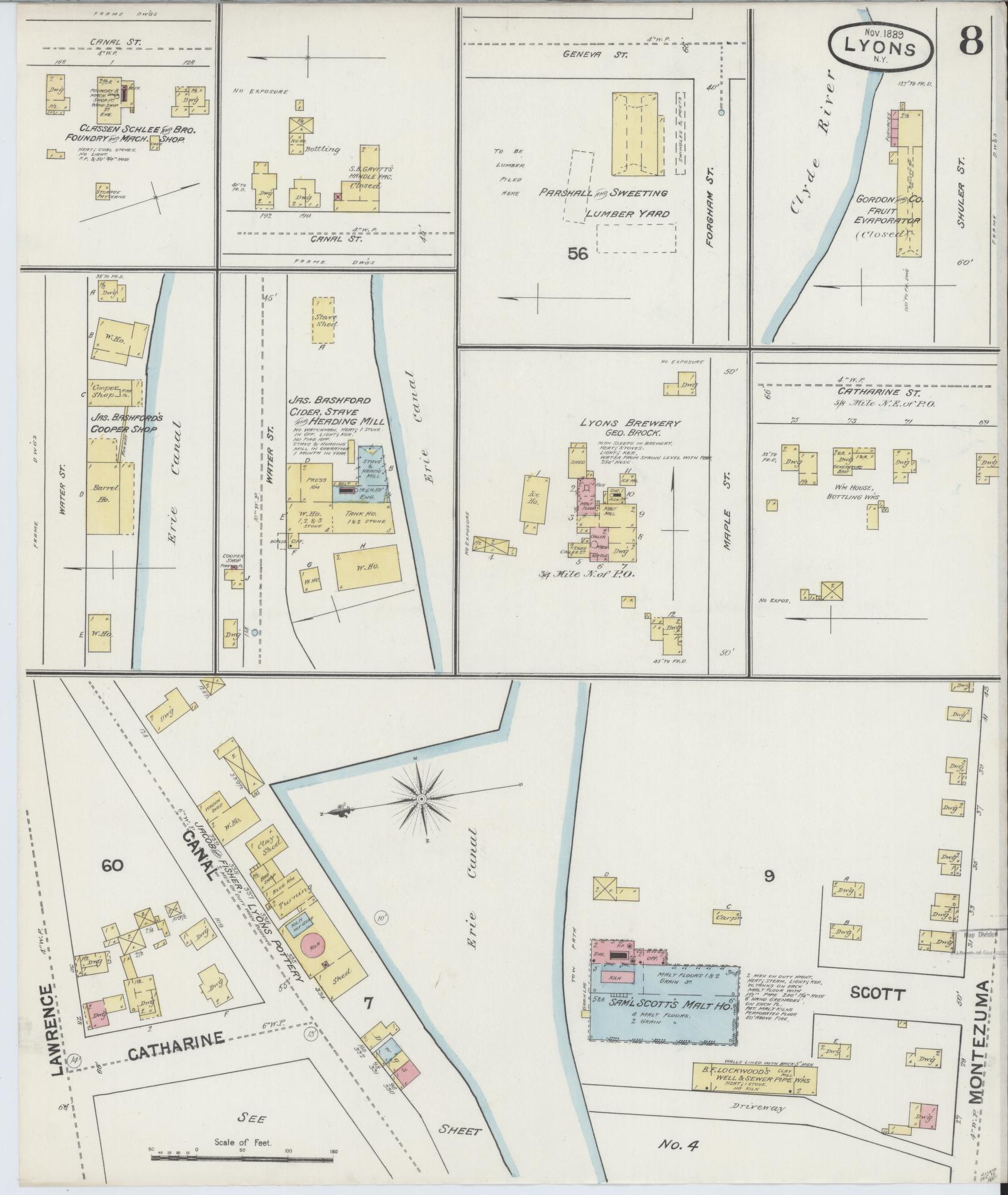 Sanborn Fire Insurance Map from Lyons, Wayne County, New York (1889), Sheet #0008 - Complete Map Set gallery image, historic Sanborn map, vintage wall art, New York New York