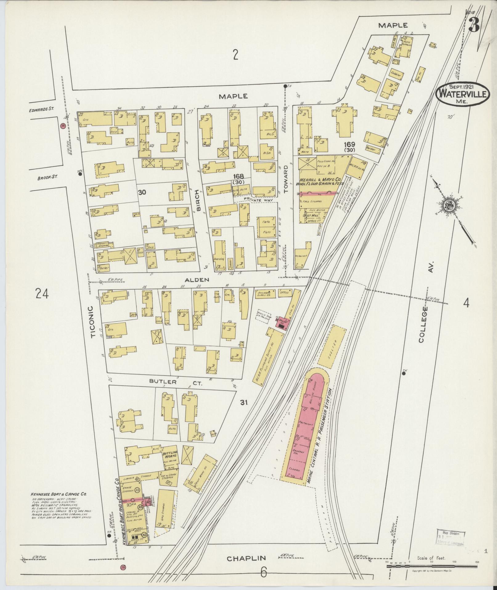 Sanborn Fire Insurance Map from Waterville, Kennebec County, Maine (1921), Sheet #0003 - Complete Map Set gallery image, historic Sanborn map, vintage wall art, Maine Maine