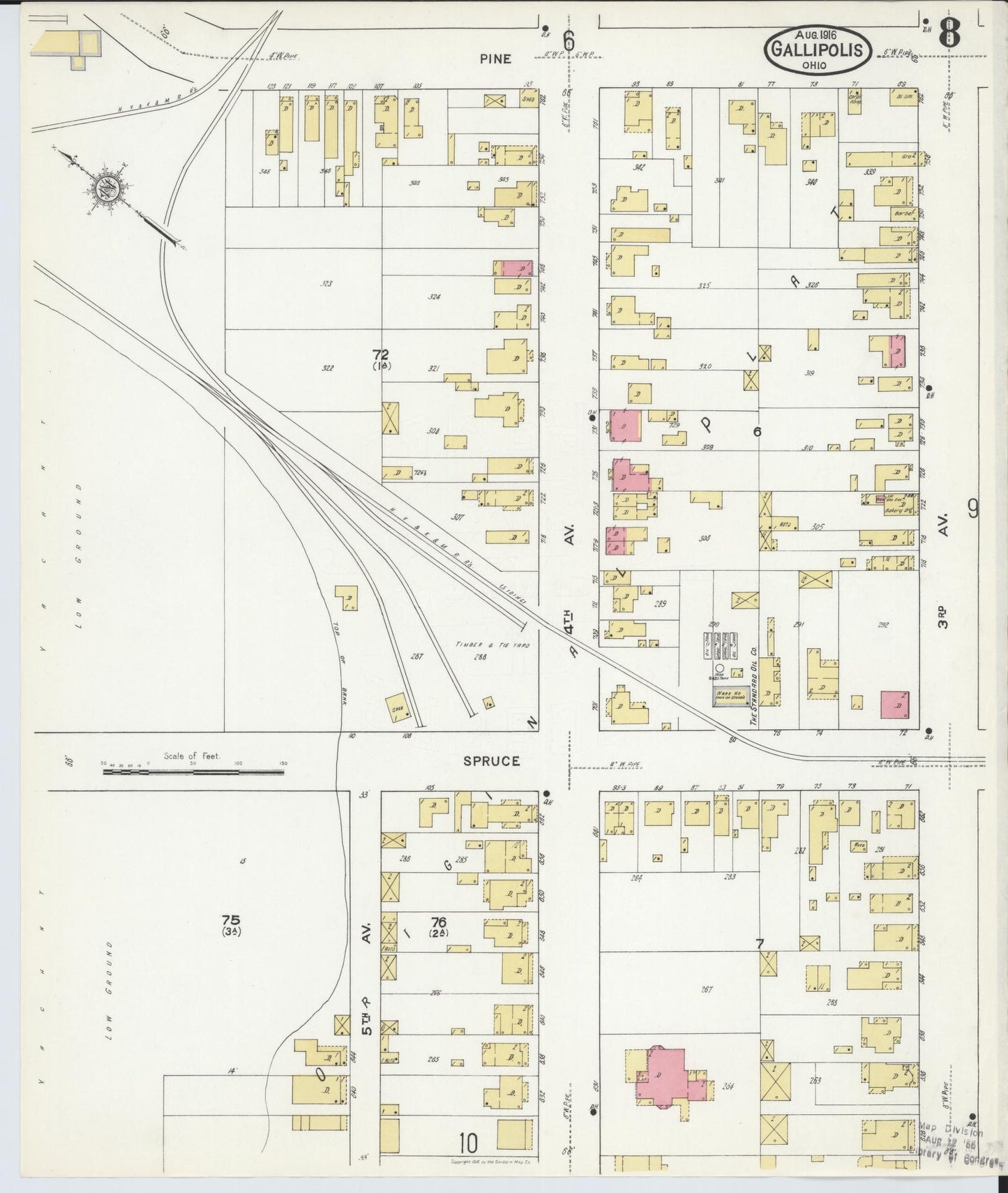 Sanborn Fire Insurance Map from Gallipolis, Gallia County, Ohio (1916), Sheet #0008 - Complete Map Set gallery image, historic Sanborn map, vintage wall art, Ohio Ohio