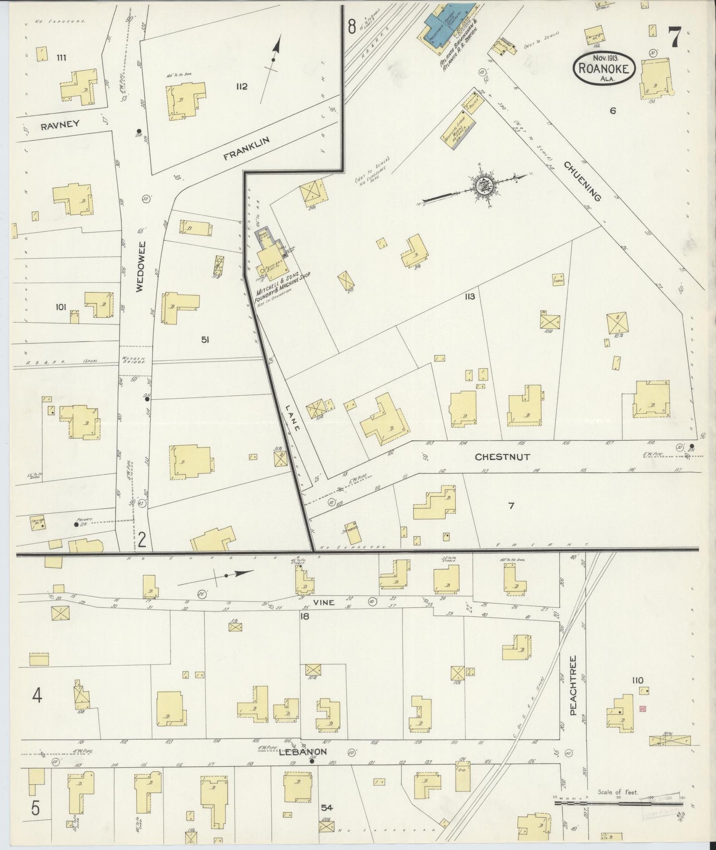 Sanborn Fire Insurance Map from Roanoke, Randolph County, Alabama (1913), Sheet #0007 - Complete Map Set gallery image, historic Sanborn map, vintage wall art, Alabama Alabama