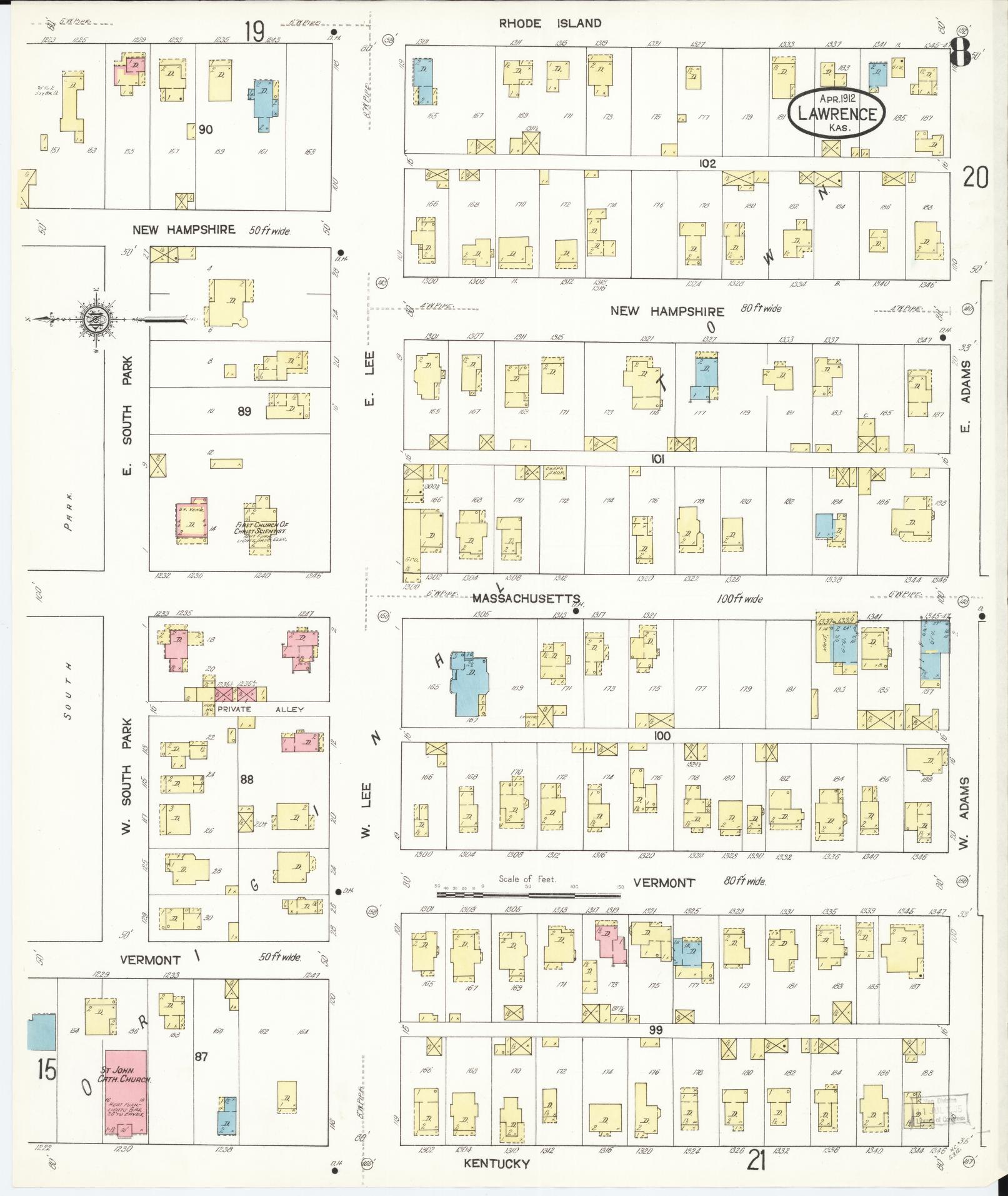 Sanborn Fire Insurance Map from Lawrence, Douglas County, Kansas (1912), Sheet #0008 - Historic Sanborn Fire Insurance Map Print, vintage old map wall art, antique decor, genealogy gift, Kansas Kansas map