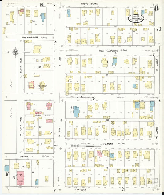 Sanborn Fire Insurance Map from Lawrence, Douglas County, Kansas (1912), Sheet #0008 - Historic Sanborn Fire Insurance Map Print, vintage old map wall art, antique decor, genealogy gift, Kansas Kansas map