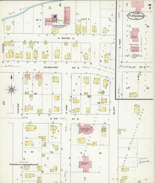 Sanborn Fire Insurance Map from Fort Atkinson, Jefferson County, Wisconsin (1909), Sheet #0007 - Historic Sanborn Fire Insurance Map Print, vintage old map wall art, antique decor, genealogy gift, Wisconsin Wisconsin map