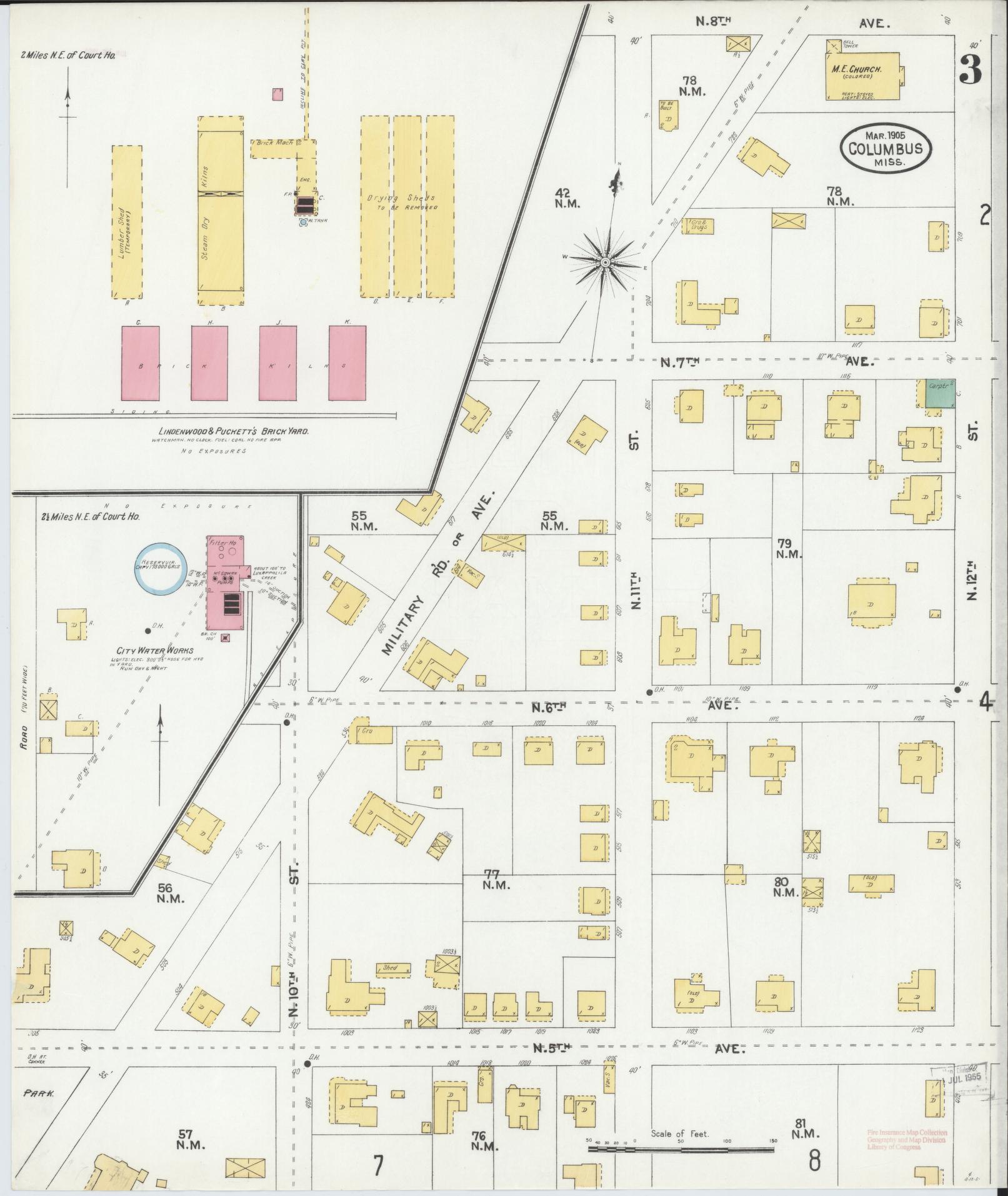 Sanborn Fire Insurance Map from Columbus, Lowndes County, Mississippi (1905), Sheet #0003 - Complete Map Set gallery image, historic Sanborn map, vintage wall art, Mississippi Mississippi