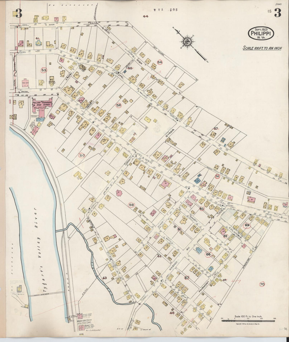 Sanborn Fire Insurance Map from Philippi, Barbour County, West Virginia (1944), Sheet #0003 - Historic Sanborn Fire Insurance Map Print, vintage old map wall art, antique decor, genealogy gift, West Virginia West Virginia map