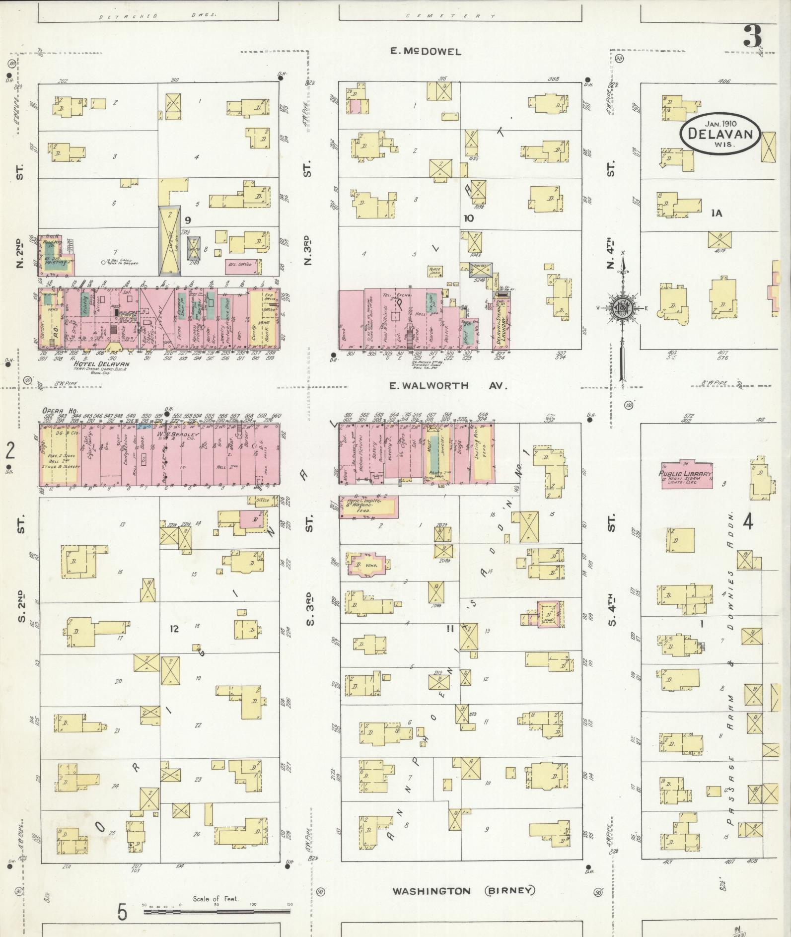 Sanborn Fire Insurance Map from Delavan, Walworth County, Wisconsin (1910), Sheet #0003 - Historic Sanborn Fire Insurance Map Print, vintage old map wall art, antique decor, genealogy gift, Wisconsin Wisconsin map