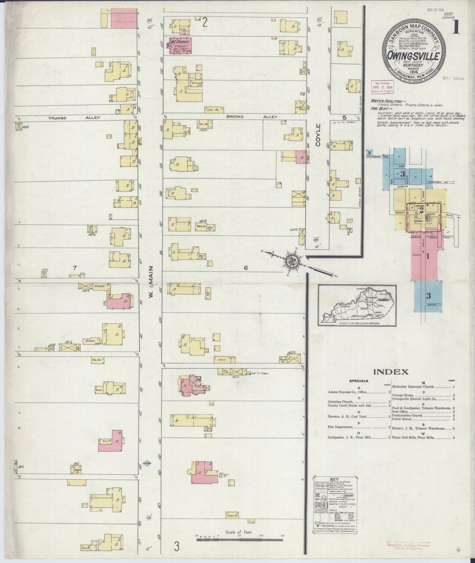 Sanborn Fire Insurance Map from Owingsville, Bath County, Kentucky (1914), Sheet #0001 - Complete Map Set gallery image, historic Sanborn map, vintage wall art, Kentucky Kentucky