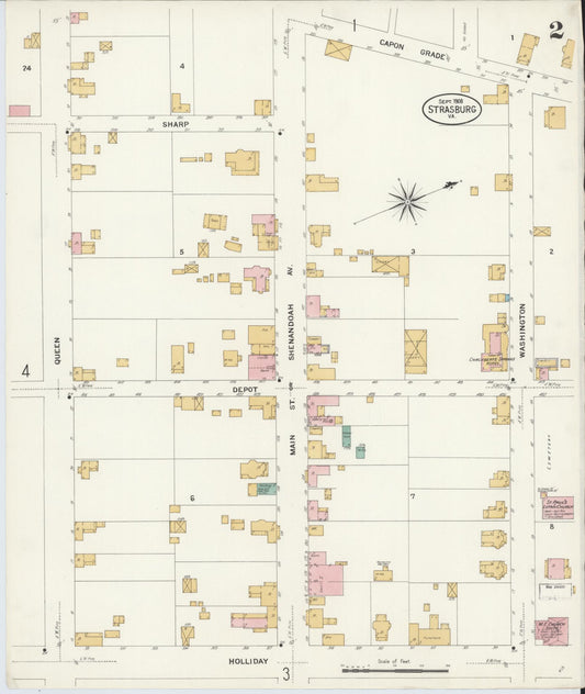 Sanborn Fire Insurance Map from Strasburg, Shenandoah County, Virginia (1908), Sheet #0002 - Historic Sanborn Fire Insurance Map Print, vintage old map wall art, antique decor, genealogy gift, Virginia Virginia map