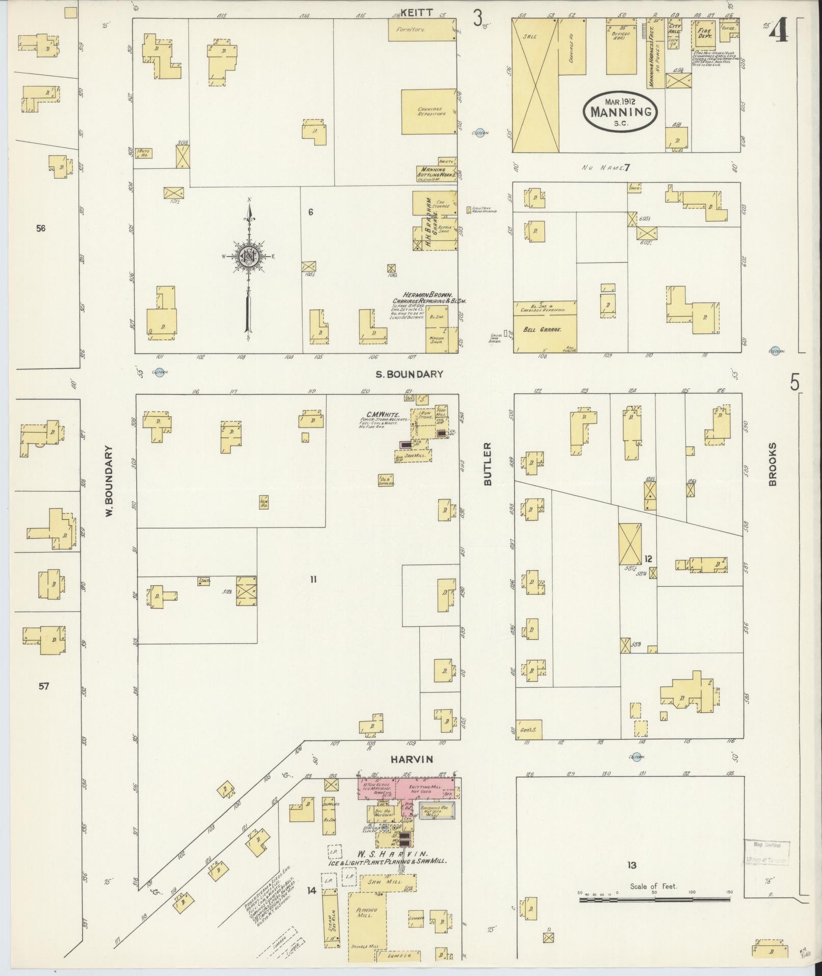 Sanborn Fire Insurance Map from Manning, Clarendon County, South Carolina (1912), Sheet #0004 - Historic Sanborn Fire Insurance Map Print, vintage old map wall art, antique decor, genealogy gift, South Carolina South Carolina map