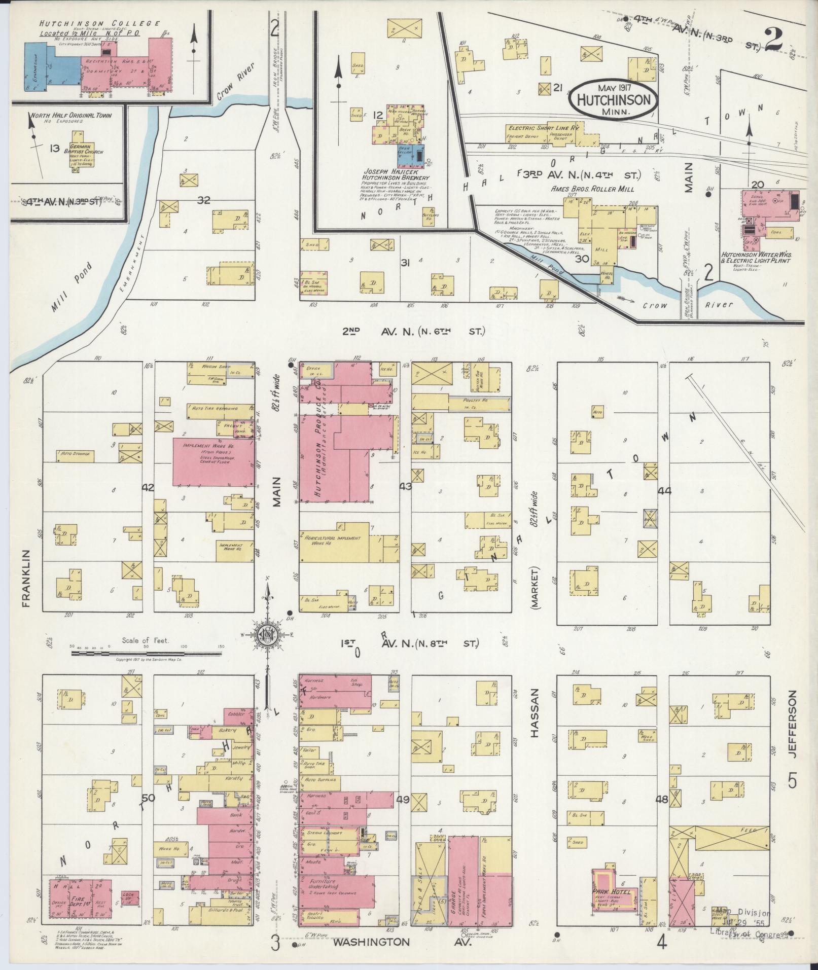 Sanborn Fire Insurance Map from Hutchinson, Mcleod County, Minnesota (1917), Sheet #0002 - Complete Map Set gallery image, historic Sanborn map, vintage wall art, Minnesota Minnesota