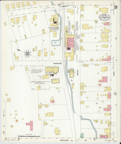 Sanborn Fire Insurance Map from Lebanon, Marion County, Kentucky (1908), Sheet #0009 - Complete Map Set gallery image, historic Sanborn map, vintage wall art, Kentucky Kentucky