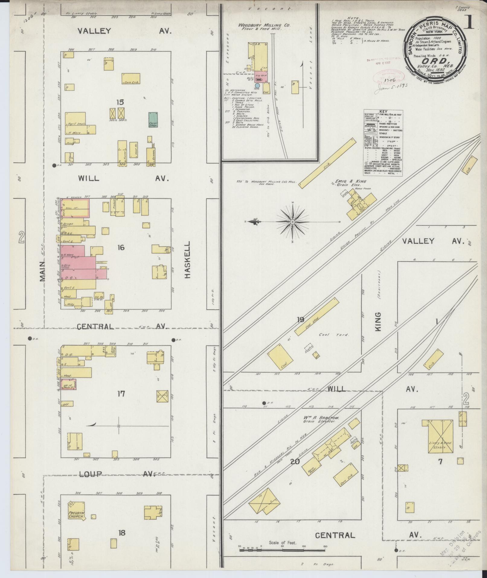 Sanborn Fire Insurance Map from Ord, Valley County, Nebraska (1892), Sheet #0001 - Complete Map Set gallery image, historic Sanborn map, vintage wall art, Nebraska Nebraska