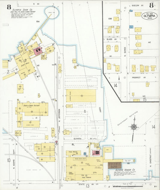 Sanborn Fire Insurance Map from Olympia, Thurston County, Washington (1924), Sheet #0008 - Historic Sanborn Fire Insurance Map Print, vintage old map wall art, antique decor, genealogy gift, Washington Washington map